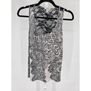 Vintage Y2K Cache Womens Sz XL Racerback Tank Top Gray White Black Lace Back